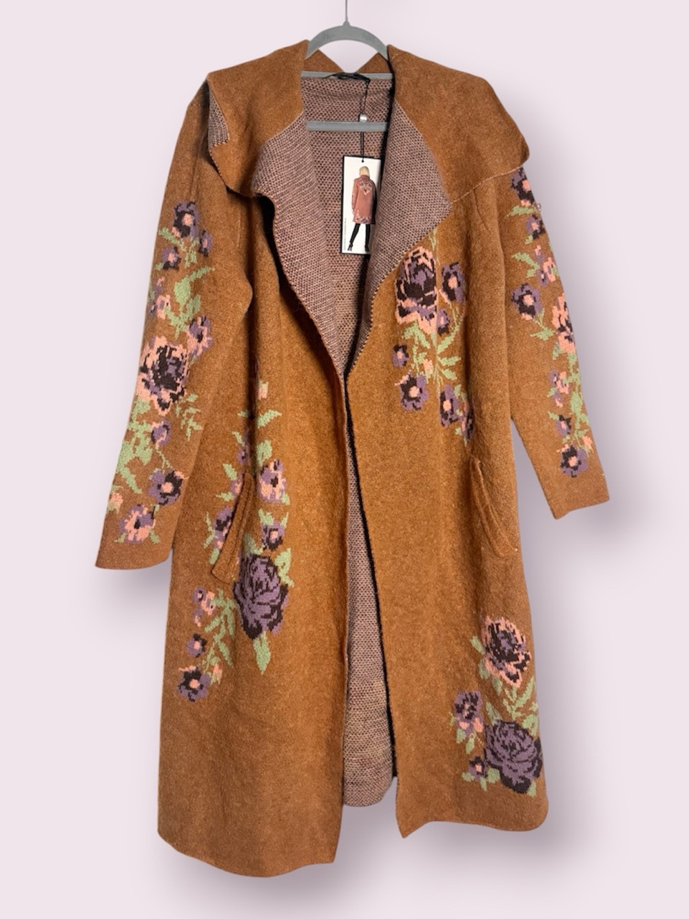 MaxSport Rust Orange Floral Knit Open Cardigan Size Large
